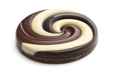 Colorful chocolate swirl with layers of milk, dark, and white chocolate blending together, isolated on white