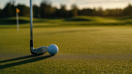 Golf equipment: club, ball, tee on golf course with well-maintained green and flagstick backdrop. Emphasizing golf precision and course environment.