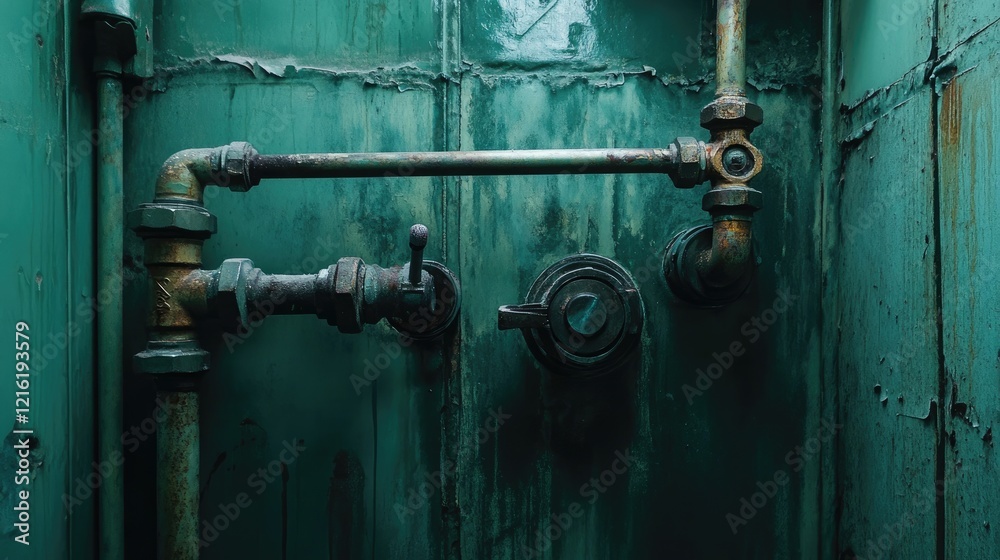 Poster Pipe connection with a hose and valve visible in a utility room, emphasizing the plumbing system setup for maintenance or installation purposes