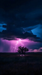 Naklejka premium Lightning Strikes Behind a Lone Tree in a Field at Night with Rain Falling