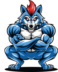 an angry wolf with  sharp teeth chest bodybuilder monster beast mascot logo vector illustration