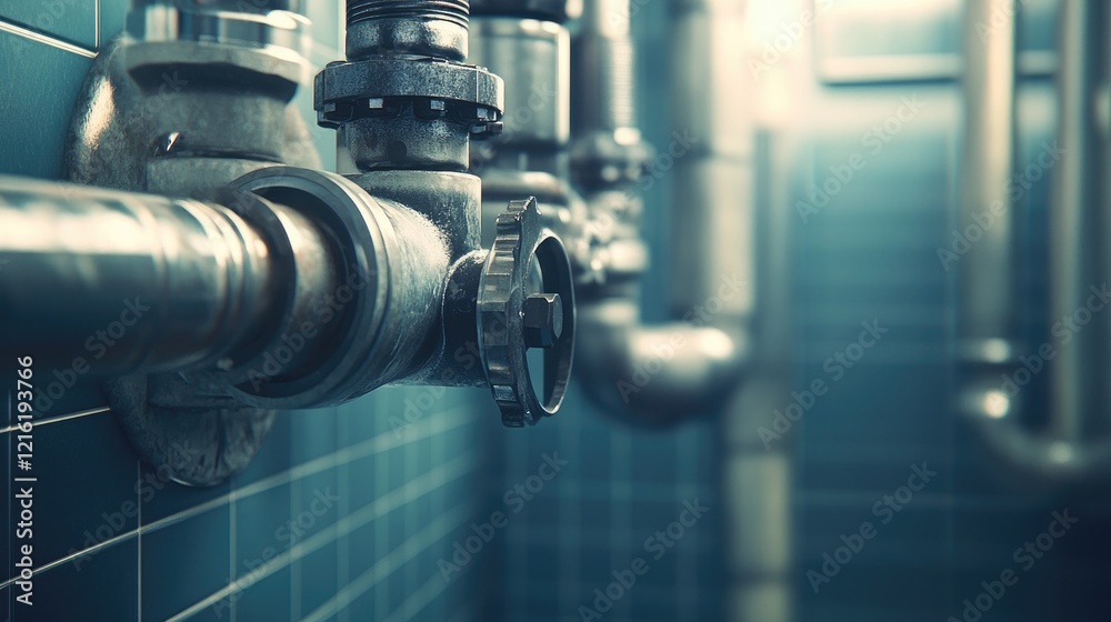 Poster Pipe connection with a hose and valve visible in a utility room, emphasizing the plumbing system setup for maintenance or installation purposes