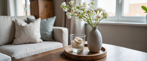 Elegant vase with fresh flowers on wooden table, cozy ambiance
