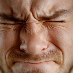 Fototapeta premium a close up photographic image of a man's wincing face due to mild pain