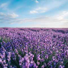 Lavender Field Serenity: A breathtaking panoramic view of a sprawling lavender field, bursting with purple blooms under a clear blue sky with wispy clouds. The scene evokes peace and tranquility.