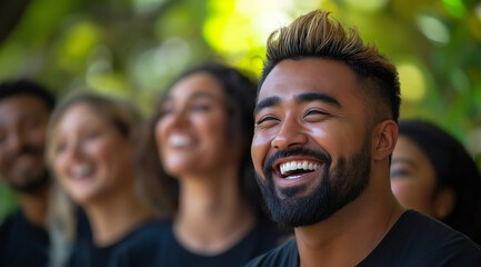 Fototapeta premium A diverse group of friends laughing and smiling together, showing the joyous effect that laughter can have on their faces and bodies. The background is outdoors with greenery to sy