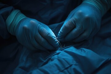 Close-up of gloved hands delicately handling surgical instruments during a procedure.