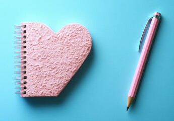 A pink heart-shaped notebook with a pencil on a blue background