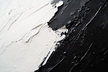 Abstract art showcasing a dynamic interplay of thick, textured black and white paint strokes.