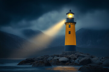 Naklejka premium A yellow and black lighthouse with light beams emanating from its top, situated on rocks in the sea, surrounded by mountains and a stormy sky. The scene is cinematic, photorealisti