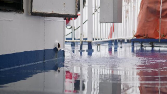 Handheld shot of water streaming from a scupper onto the ship&rsquo;s deck, with a slightly wider view showing wet floor