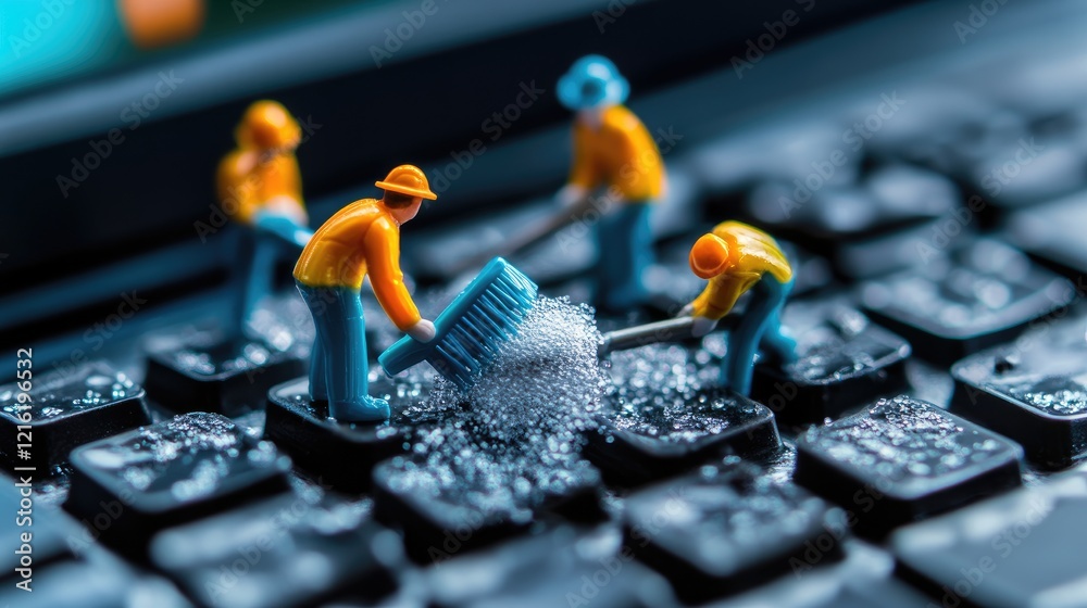 Aufkleber Tiny workers scrubbing a keyboard with miniature tools, ensuring a clean workspace in a fun and imaginative way, creating a playful office scene