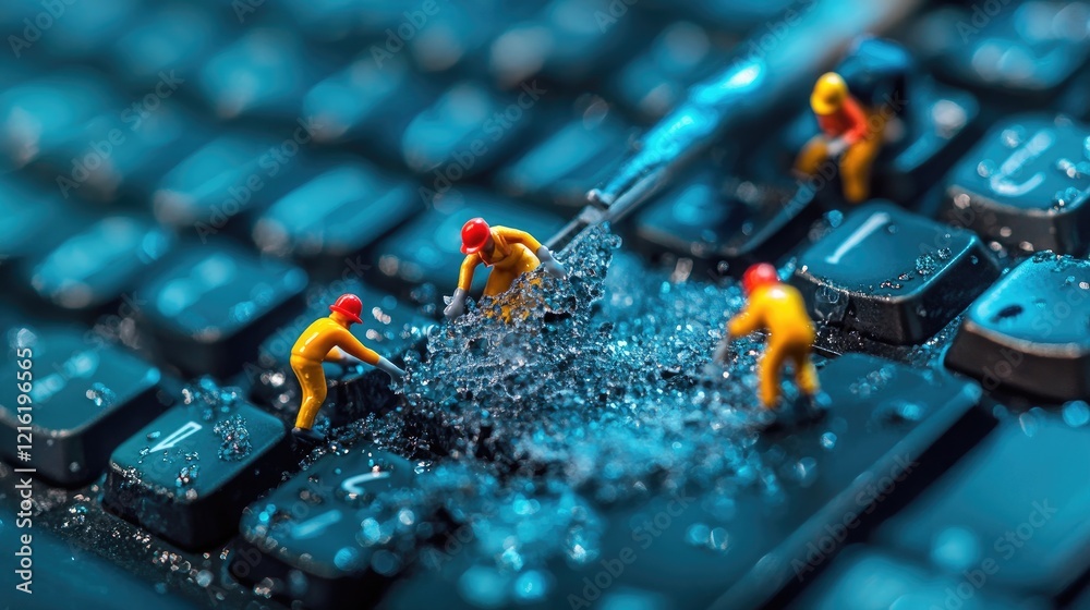 Aufkleber Tiny workers scrubbing a keyboard with miniature tools, ensuring a clean workspace in a fun and imaginative way, creating a playful office scene