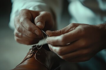 Close-up of a cobbler meticulously repairing a brown leather shoe using a needle and thread.