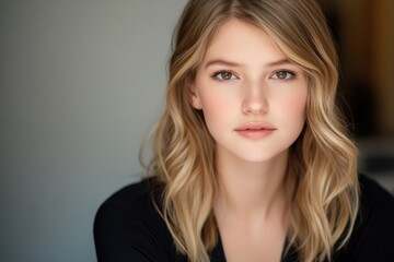 Naklejka premium Close-up portrait of a young woman with blonde wavy hair, looking directly at the camera.