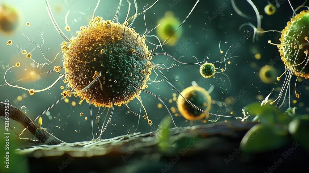 Poster Exploring hmpv virus particles floating in a scientific visualization environment detailed rendered image from a microscopic viewpoint for research and education