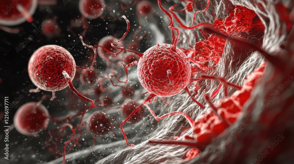 Poster analyzing hmpv virus particles in a biological environment with a 3d rendered image for scientific s