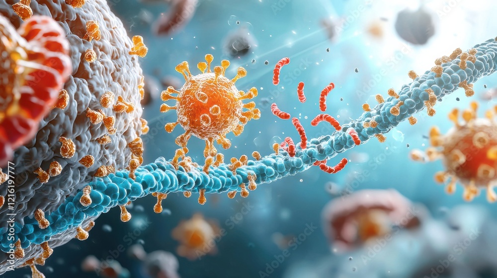 Poster hmpv virus attachment to human cell receptors a close-up view of viral interaction in a microscopic 