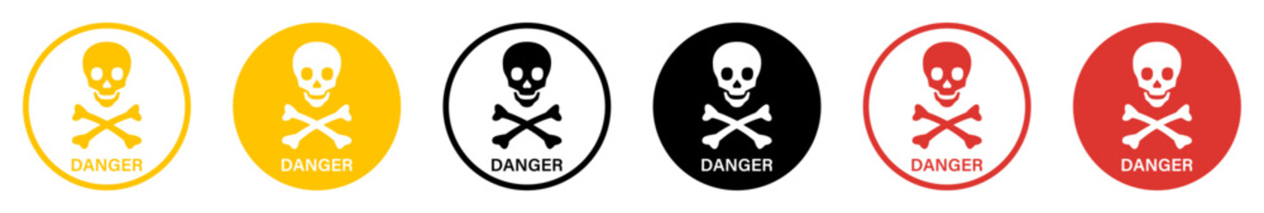Danger sign with skull vector icon set. Warning, caution icon of poison, toxic, chemical and electricity. Human skull and crossbones different style. Risk and hazard sign symbol. Vector illustration.