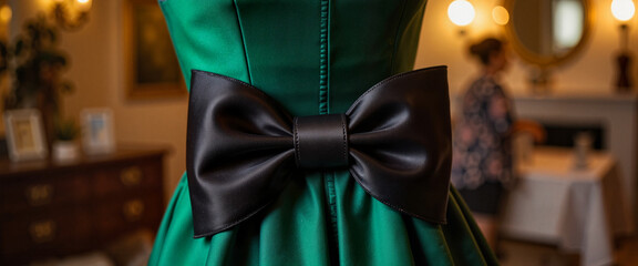 Elegant emerald gown with oversized black satin bow, vintage luxury