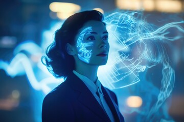 A woman in a business suit with a futuristic, glowing digital overlay on her face, suggesting advanced technology or augmented reality.