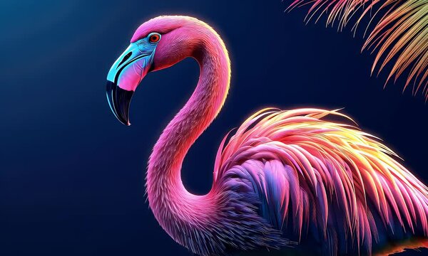 Vibrant pink flamingo portrait against a dark background, showcasing its detailed feathers and elegant pose.