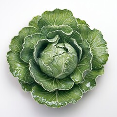 Fresh green cabbage head, overhead view.