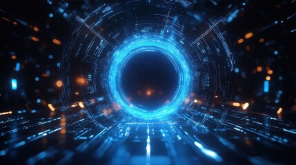 Obraz premium Futuristic Digital Portal with Glowing Blue Lights and Abstract Circuit Patterns in a Sci-Fi Cybernetic Environment