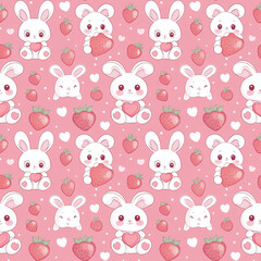 Cute Bunny and Strawberry Pattern: Adorable white bunnies holding strawberries on a pink background, perfect for children's products, fabrics, and kawaii-themed designs.