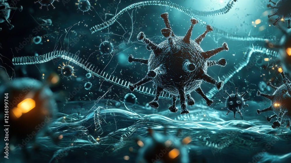 Poster exploring the hmpv virus in a dark and moody environment a scientific visual study of microscopic li