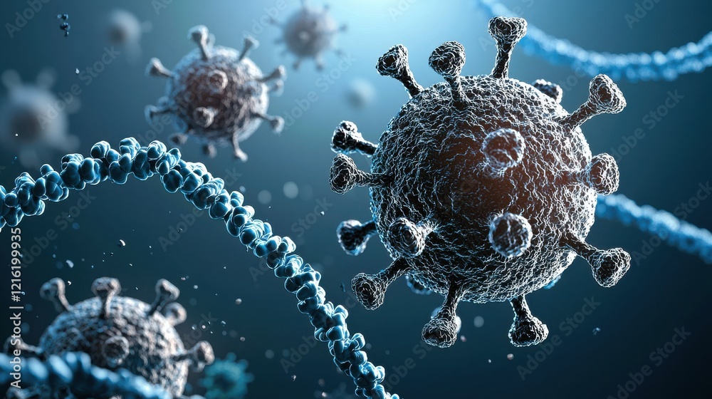 Poster investigating hmpv virus particle dynamics laboratory digital art dark blue environment close-up vie