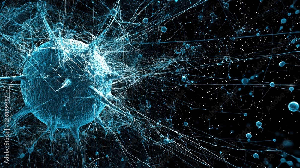 Poster Visualizing the hmpv virus particle in dark blue digital art scientific illustration digital environment abstract viewpoint for enhanced research understanding