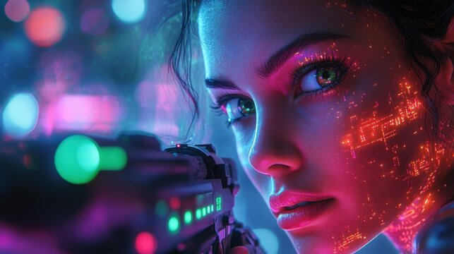 Champion player aims laser blaster amidst neon reflections and dark shadows