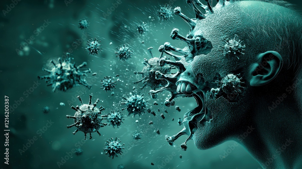 Aufkleber Dynamic dispersion of hmpv virus particles laboratory setting scientific visualization microscopic environment close-up perspective viral pathogen dynamics for enhanced understanding