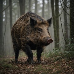 Describe the powerful, yet graceful movements of a wild boar as it trots through the forest.