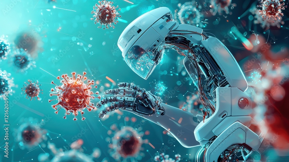 Poster Futuristic robotic arm analyzes hmpv virus particles in a high-tech lab environment from a scientific perspective