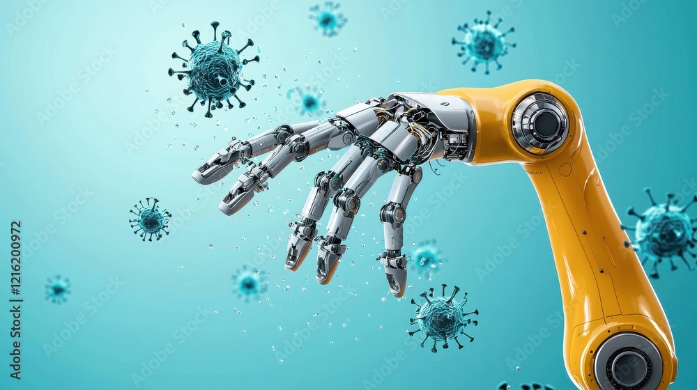 Poster Robotic arm analyzes hmpv virus particles in a high-tech laboratory environment for advanced research