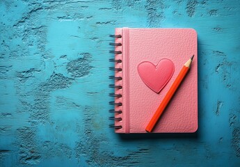 A pink heart-shaped notebook with a pencil on a blue background