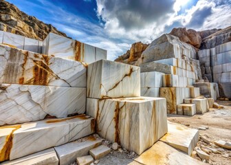 White and gray marble, intensely veined, dominates this close-up long exposure of an industrial quarry.