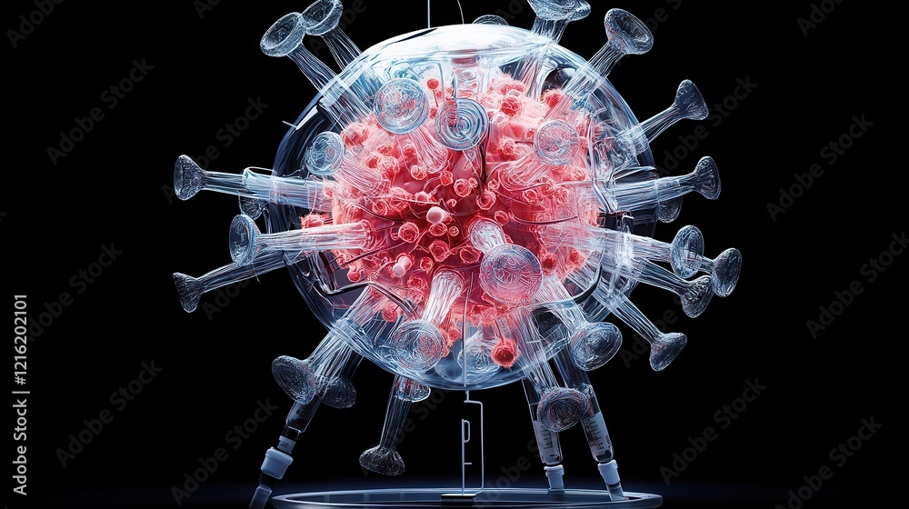 Poster Creating a neon-themed illustration of hmpv virus particles in a laboratory setting for scientific visualization