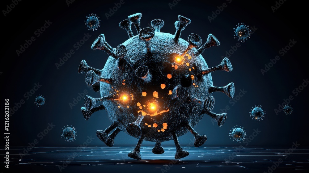 Poster illuminating neon-themed visualization of hmpv virus particles in a scientific environment a stunnin