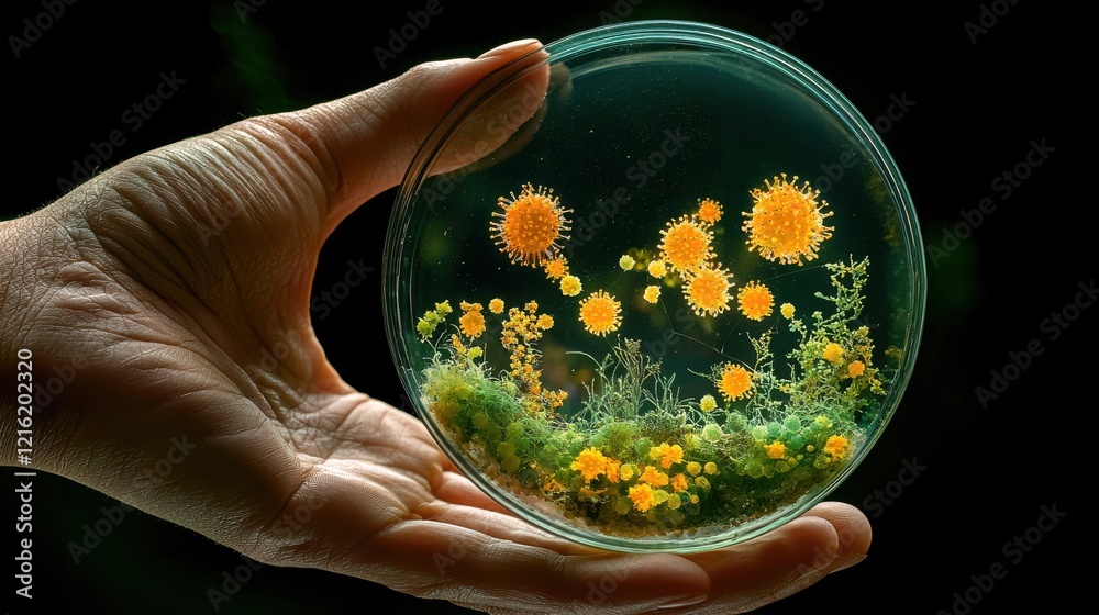 Poster observing hmpv growth patterns in a petri dish experiment laboratory scientific study microbial envi