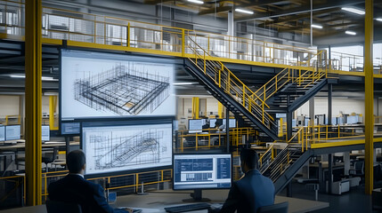 Engineers Analyze 3D Building Plans on Large Monitors in a Modern Industrial Facility.