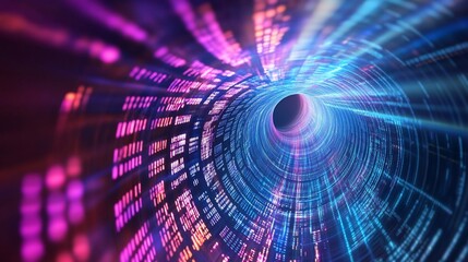 Abstract digital tunnel with glowing blue and pink lines creating a futuristic effect