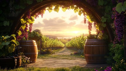 Naklejka premium Idyllic Vineyard Scene with Wooden Barrels and Sunset, A Peaceful and Relaxing Atmosphere