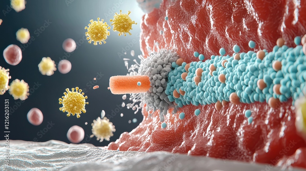 Poster Immune cells attacking hmp standard a visual representation in biomedical science laboratory setting digital illustration microscopic view immune response dynamics