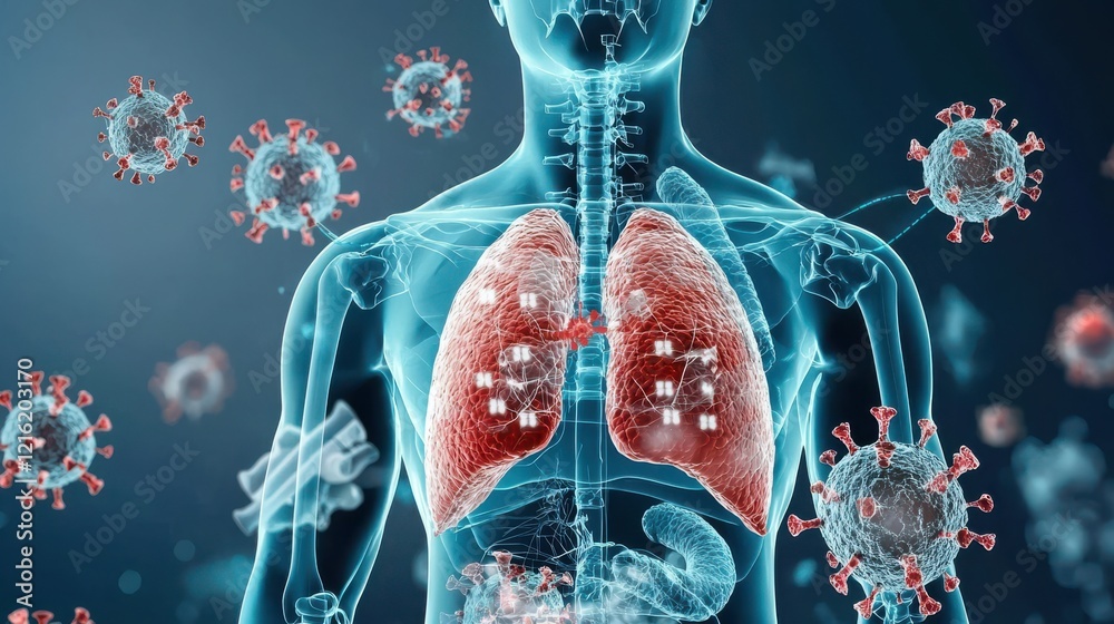 Poster visualizing the impact of hmpv virus on respiratory health standards in human lungs a comprehensive 