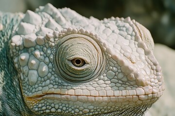 Naklejka premium Close-up of a pale chameleon's head and eye.