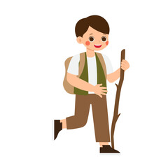 Exploration Children Character Boy Hiking with Stick