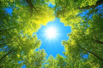 Lush greenery frames a bright, sunny sky.